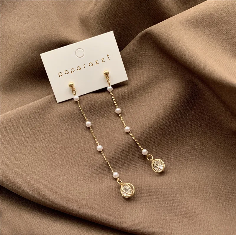 

S925 Needles Long Pearl Tassel Earrings Temperament Simple Rhinestone Crystal Set Hollow Ball Stud Earrings