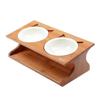 

Solid Wood Pet Dining Table Bowl Tilted Feeders Anti-slip Double Cat Dish With Slope Stand Golden Height Protect Cervical Spine