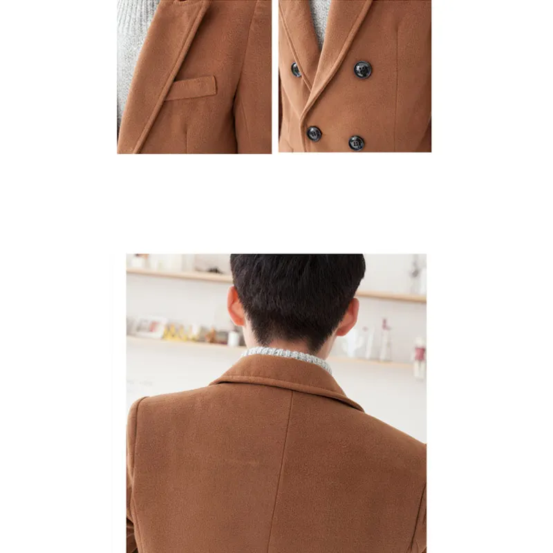 Men Winter Wool Double Breasted Coat Korean Fashion Warm Jacket Slim Fit Middle Long Blend Coat Men Solid Color Overcoat