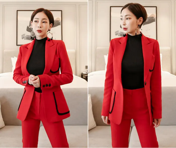 Женский брючный костюм, Корейская версия, модный костюм, двубортный костюм с отворотом, пиджак, костюм, брюки, Женский комплект из 2 предметов