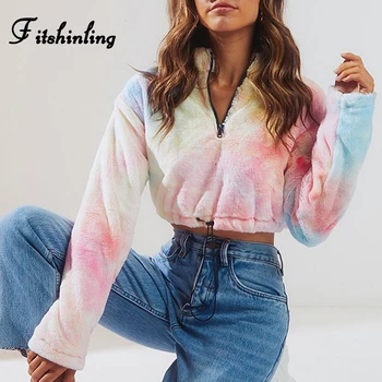 

Fitshinling Tie Dye Hairy Zipper Sweatshirts Women Winter Fashion Slim Cropped Sweatshirt Female Long Sleeve Poleron Mujer Sale