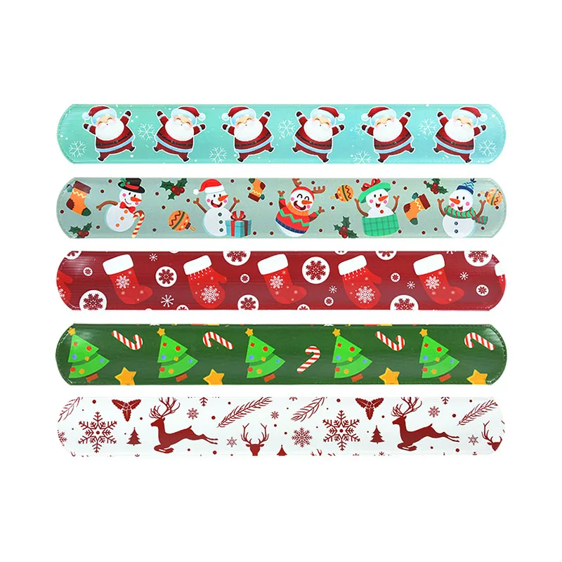 10pcs Christmas Slap Bracelets Santa Claus Snowman Elk Tree Printed Colorful PVC Wristband Child Kids Gifts Xmas Party Supplies