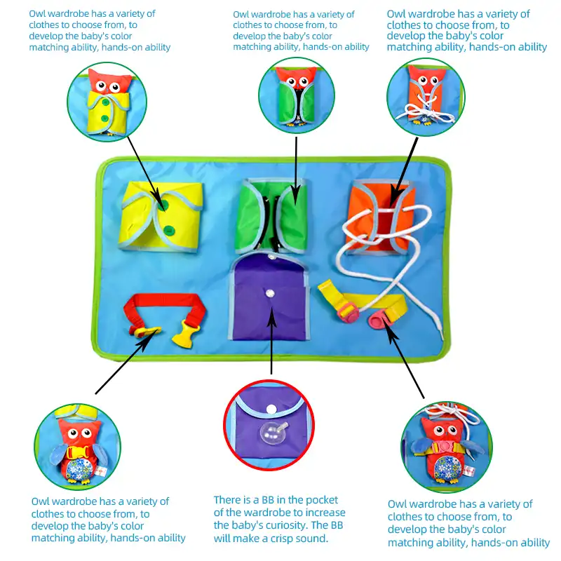 zip button buckle and tie toy