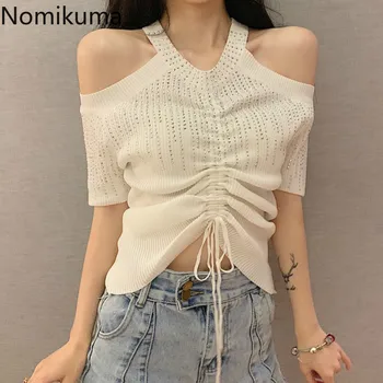 

Nomikuma New Arrival Diamonds Off Shoulder T Shirt Solid Color Short Sleeve Halter Tops Women Drawstring Sexy Tshirts 3a723