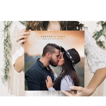 

personalize Wedding Guest Book, Gold Foil Photography Guestbook with Photo, Modern Engagement Horizontal Custom Keepsake Book