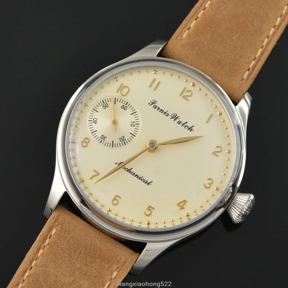 

Parnis watch 44mm light yellow hand big Mechanical hand winding Men's Watch 6497 Leather men's watch PN621