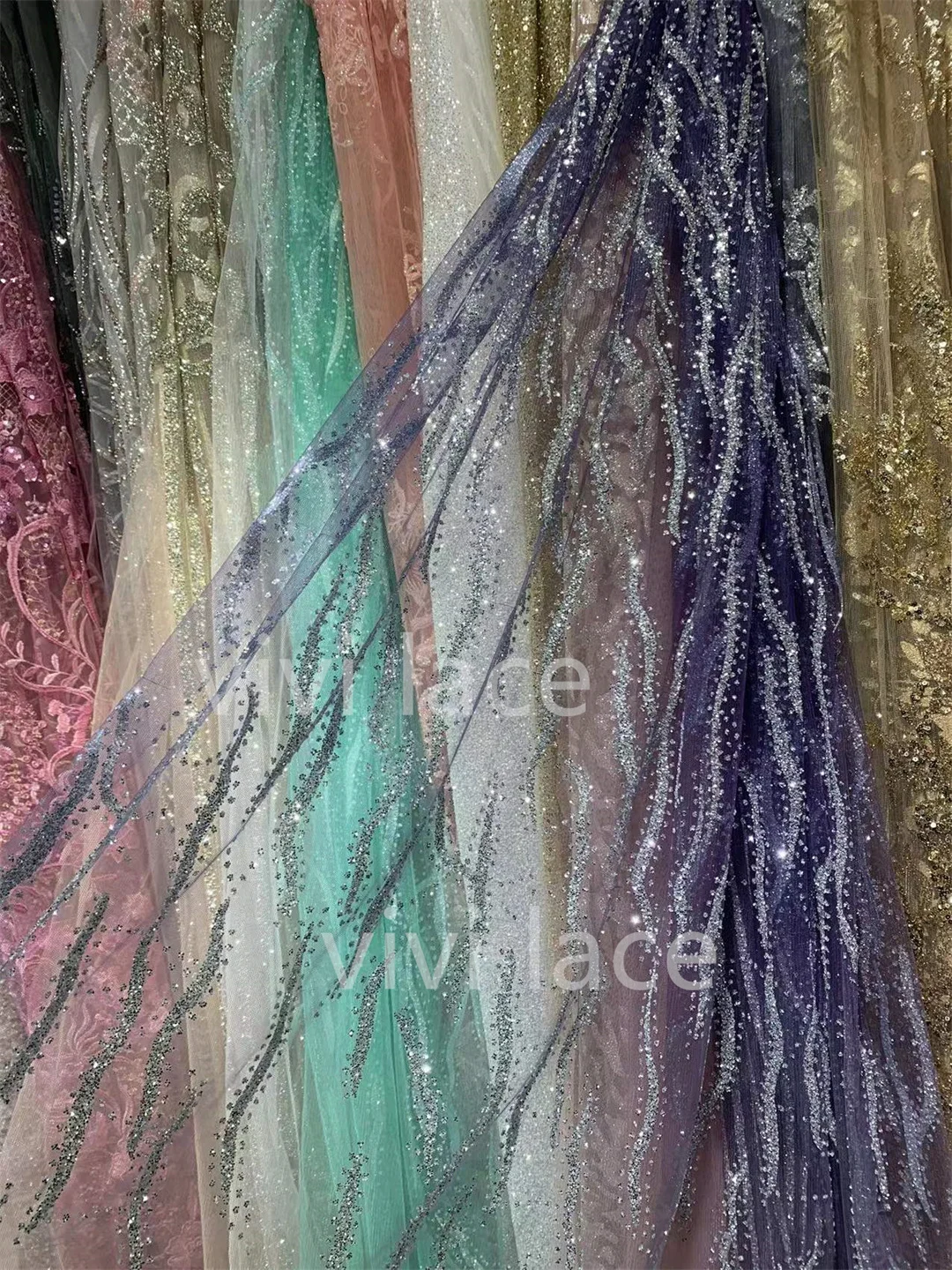 

10 Yards Wedding Silver Curve Bling Glitter Glued Digital Print Gradual Color Mesh Tulle Lace Fabric For Sawing Dress/Occasion