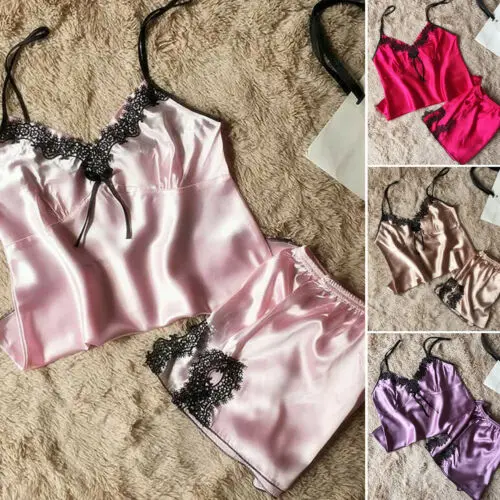 2pcs-Sexy-Women-Satin-Lace-Sleepwear-Babydoll-Lingerie-Nightdress-Pajamas-Set-AU