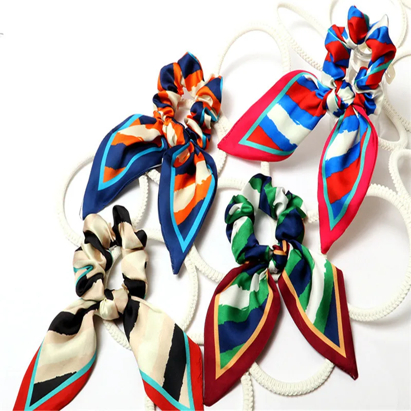 

Free shipping Fashion Silk satin printed women's stripe bow Hair bands elegant hair scrunchies girl's hairtie ribbon Accessories