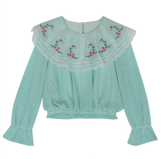 light blue Женские весенне-осенние винтажные Элегантные короткие свитера с большим отворотом от Виктории, женские милые свободные тонкие вязаные пуловеры с вышивкой - Цвет: light blue
