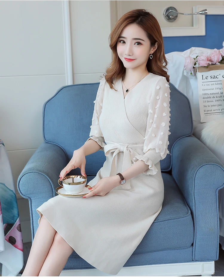 Осенние вязаные свитеры для беременных послеродовые женские шифоновые Лоскутные кормящие свободное кружевное платье свитер для грудного кормления