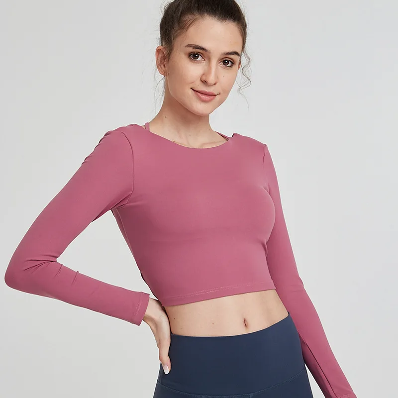 Rose Red Высокая эластичность Спорт Фитнес укороченный Топы для женщин открытая спина Йога тренировки тренажерный зал с длинным рукавом рубашки с груди мягкий - Color: Rose Red
