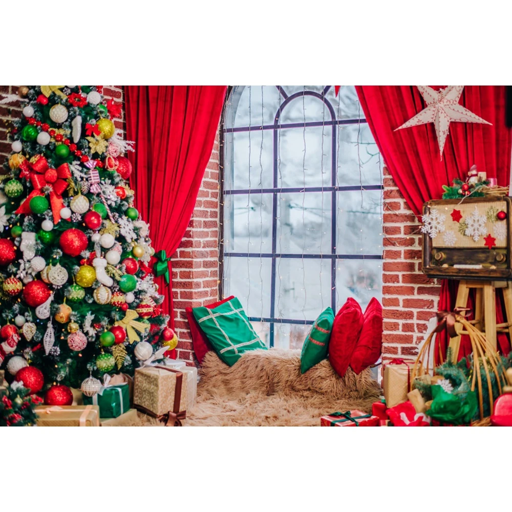Yeele Merry Christmas Tree Gift Star Pillow Window Rural House Photography Backdrops Photographic Backgrounds For Photo Studio |