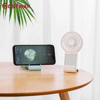 

COSTWAY Portable LED Light Hand Fan USB Rechargeable Handheld Mini Fan Multifunction Makeup Mirror Phone Stand Desktop Small Fan