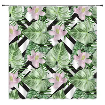 

Plant Floral Shower Curtain Modern Home Decor Tropical Botanic Foliage with Flower on Black and White Geometric