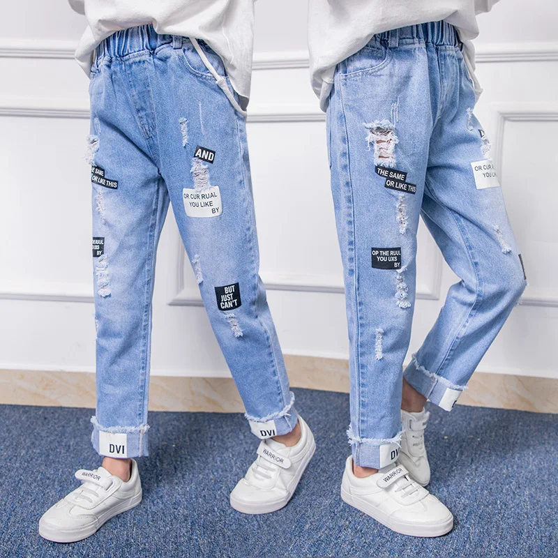 

2019 New Style Girls Spring And Autumn Jeans Trendy Letters Printed with Holes Korean-style Trousers Big Boy Children Spring