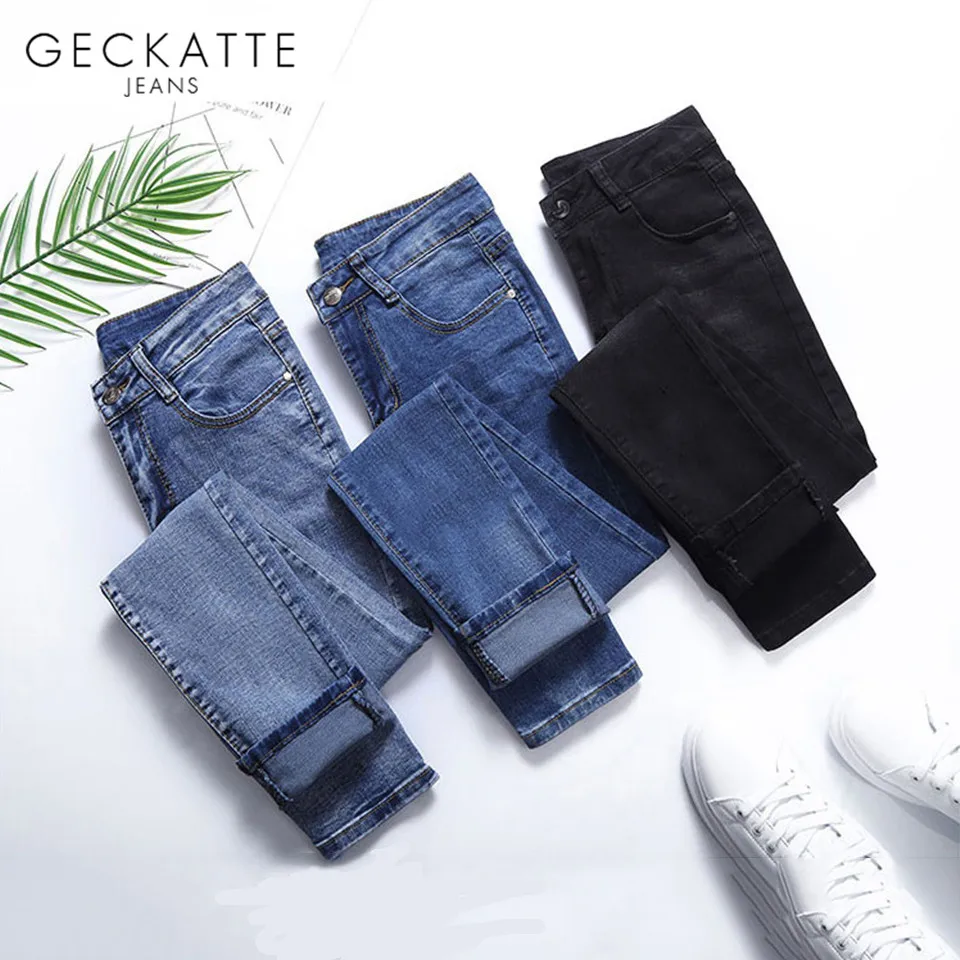 

GECKATTE Autumn Skinny High Waist Jeans Woman Fashion Elastic Blue Black Pencil Pants Female Jean Denim Winter Jeans Mujer 2019