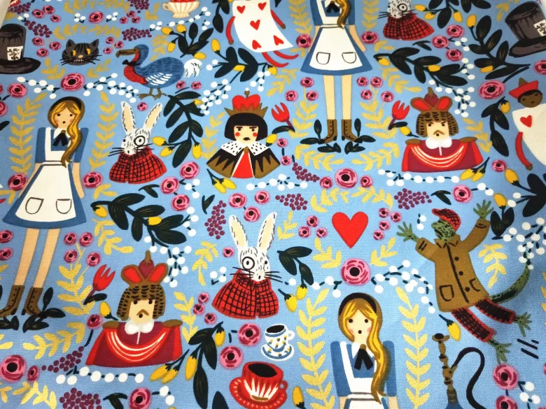 140cm Width Bronzing Alice Dream in Wonderland Blue Cotton Canvas Fabric for Gir Bag Cushion Cover Curtain Table Cloth DIY-BK622