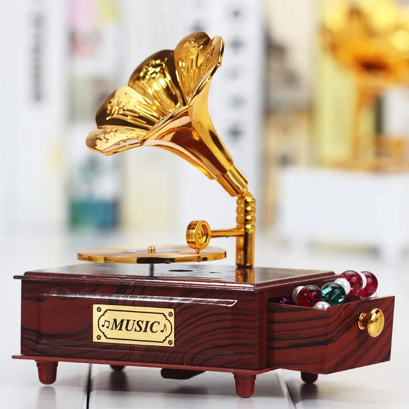 

Classical phonograph Drawer Music Box for Home Decoration Wedding Birthday Gift Gramophone Figurine Hand Crank Music Boxes