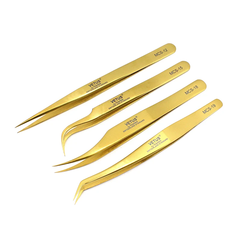 Vetus Eyelashes Extension Tweezers Stainless Excellent Closure 3D 6D Volume Lash Tweezer Eye Makeup Tools - Color: 4 sizes gold