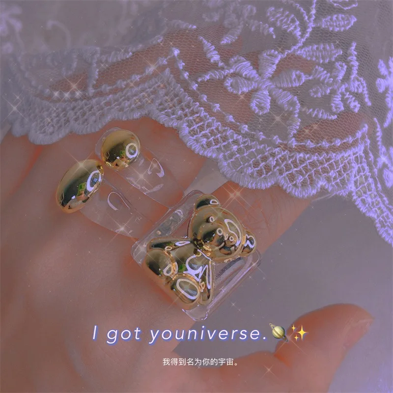 Cartoon Cute Sweet Color bear Transparent Resin Rings Geometric Acrylic Square Ring For Women Girls Party Jewelry Gift finger ring ring set
