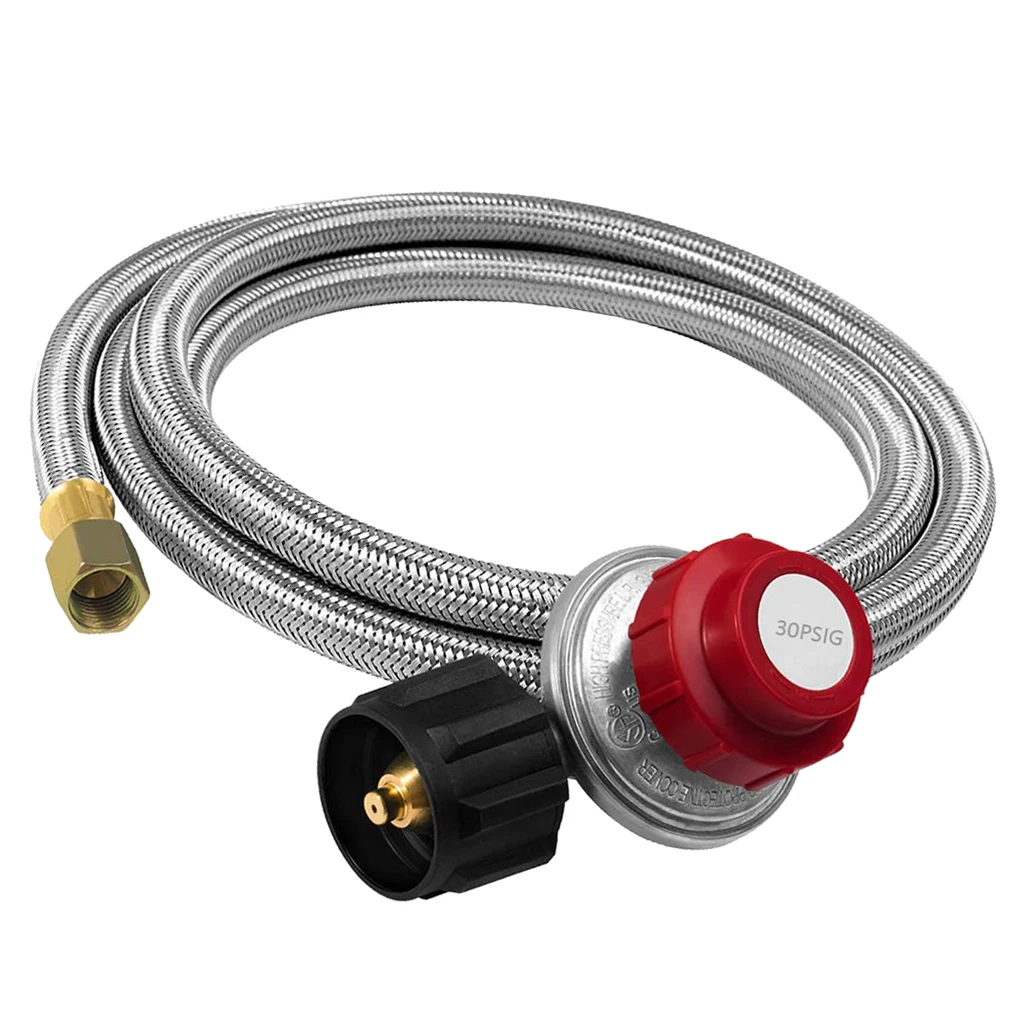 Stainless Braided Adjustable Propane Regulator W/ 4ft Hose QCC1/Type 1, fits most gas grill, propane smoker, fire pit