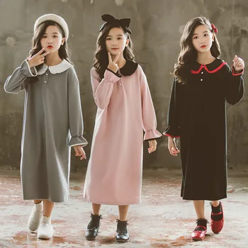 

Girls Party Dress Autumn Fashion Cotton Kids Clothing Long-sleeved Solid Color Princess Dress Pink Black Gray Girls Clothes