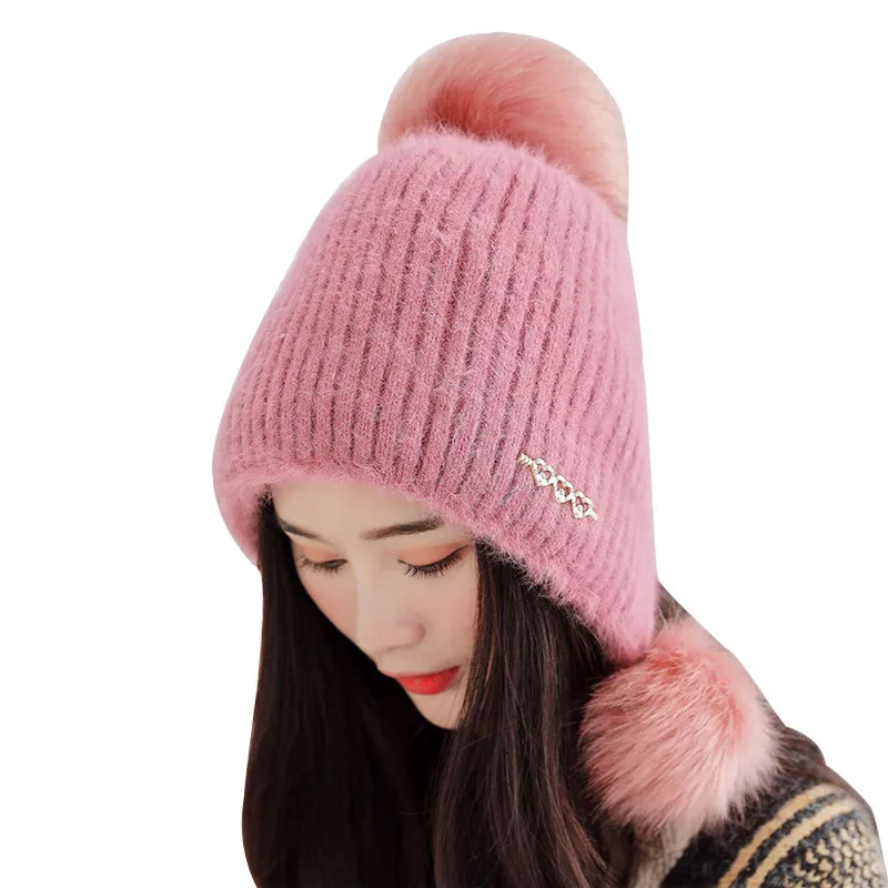 Pink Женские шапки-бини с сердечком, шапка с помпоном, шапка-ушанка из полиэстера, эластичная утолщенная шапка для милой девушки, Зимняя Повседневная теплая шапка - Цвет: Pink