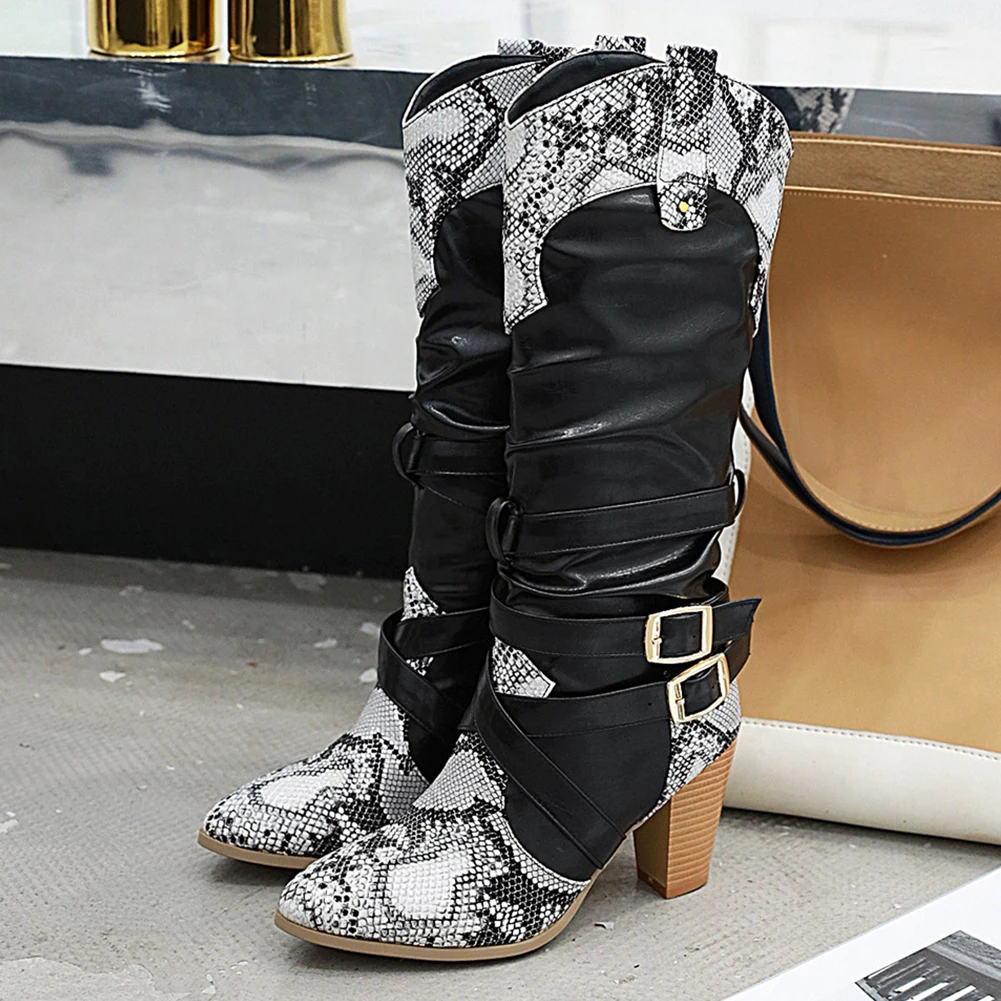 KARINLUNA New INS Hot Plus Size 47 Fashion Pointed Toe Snake Veins Boots Ladies High Heels Shoes Woman Buckle Party Boots Women