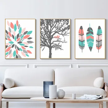 

Feather Print Poster Tribal Canvas Painting Coral Mint Wall Art Girl Room Decoration Wall Pictures for Living Room Nursery Decor