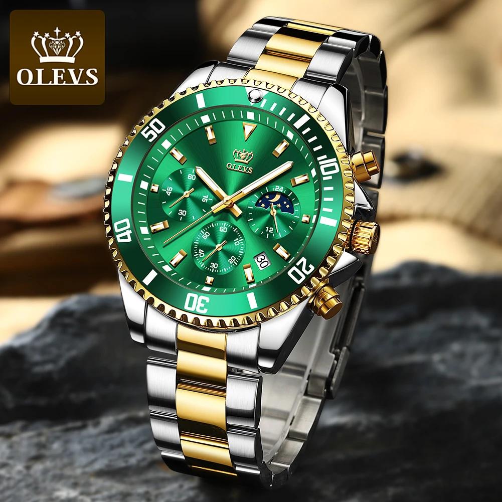 OLEVS Men's Watch Quartz Waterproof Stainless Steel Watch Green Sport Wrist Watch for Men Reloj hombres