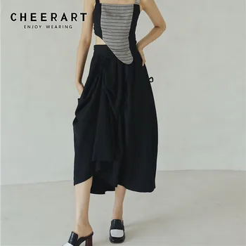 

CHEERART Designer Black Asymmetrical High Waist Skirt Women Tie Ruched Long Midi Fashion Ladies Summer Skirts 2020