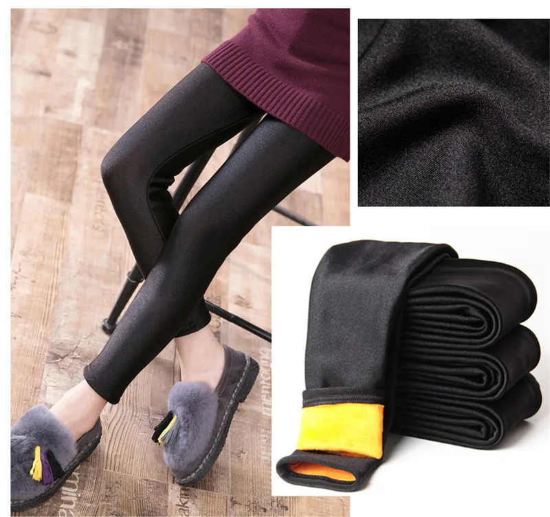 Glossy pants Зимние теплые леггинсы для девочек; Детские блестящие штаны; плотные бархатные длинные брюки; узкие брюки; однотонные женские обтягивающие черные брюки - Цвет: Glossy pants