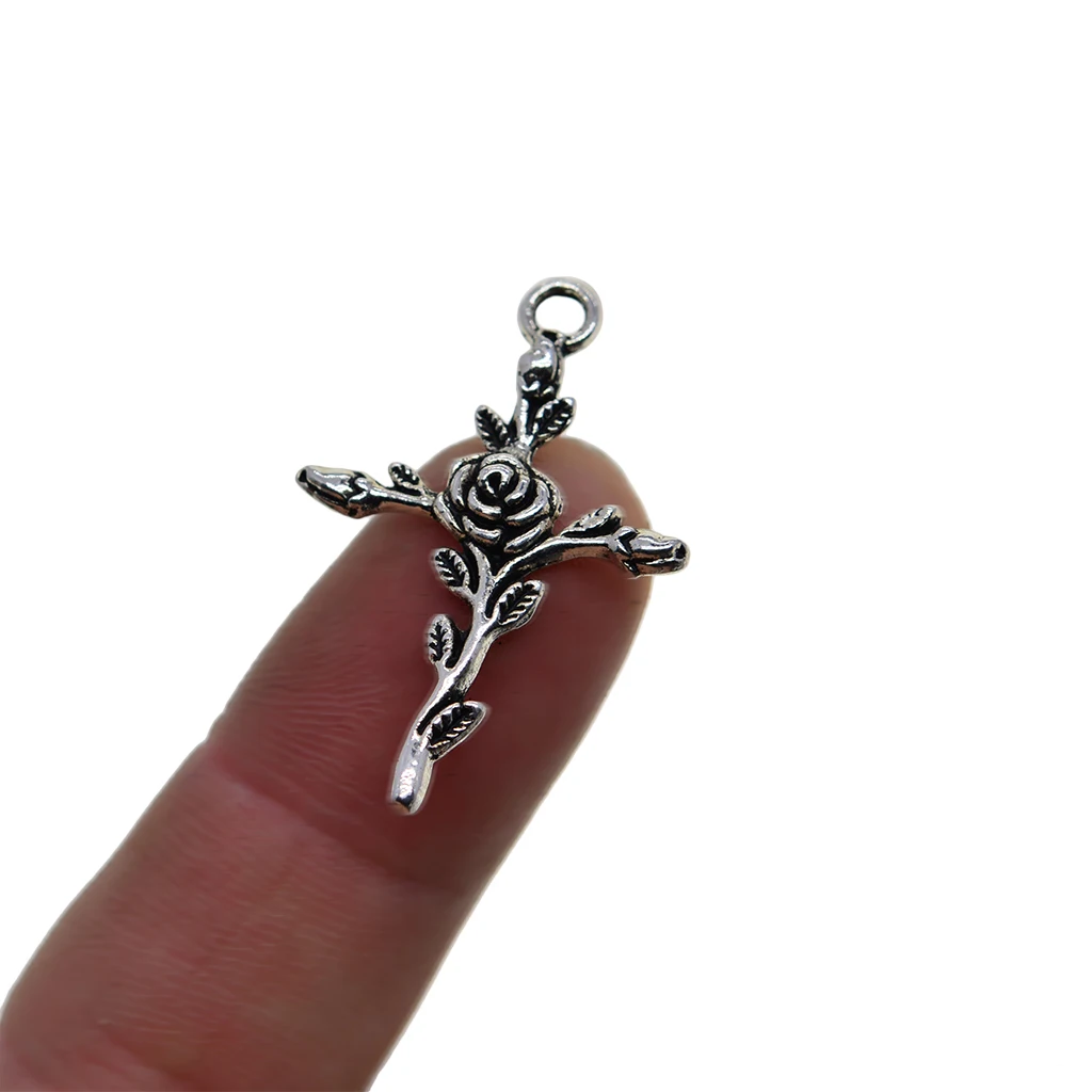 50Pcs Tibetan silver color Rose Floral Charm Cross Faith Pendant Bead for Jewelry Making Bracelet Necklace Crafts