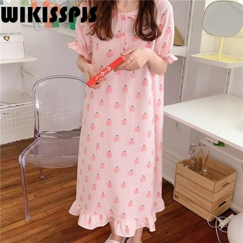 

2021 Summer New Fruit Apple Short Sleeve Housewear Night Dress Women Sleepwear Sleep Tops Summer Dress Pink Nightgown