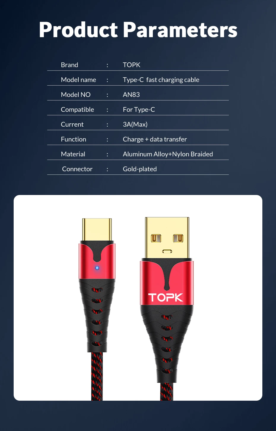 TOPK LED USB Type C Cable for Samsung S9 S8 Fast Charging Type-C Data Charge USBC Mobile Phone Cable for Xiaomi mi9 Redmi note 7