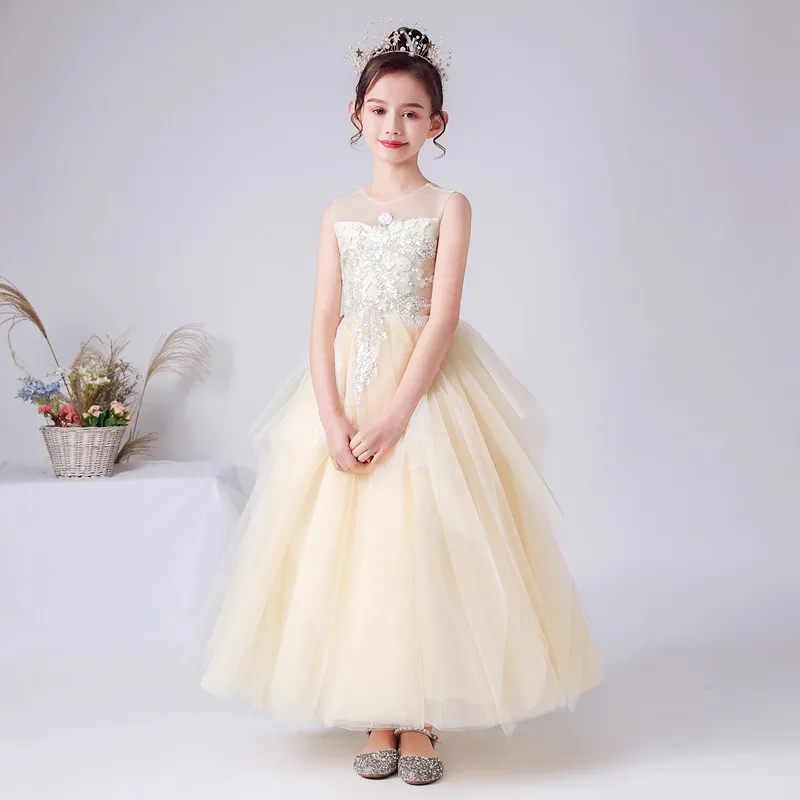 

Dideyttawl Champagne Tulle Flower Girl Dresses Concert Sequins Appliqued Princess Gown Long Junior Bridesmaid Dress