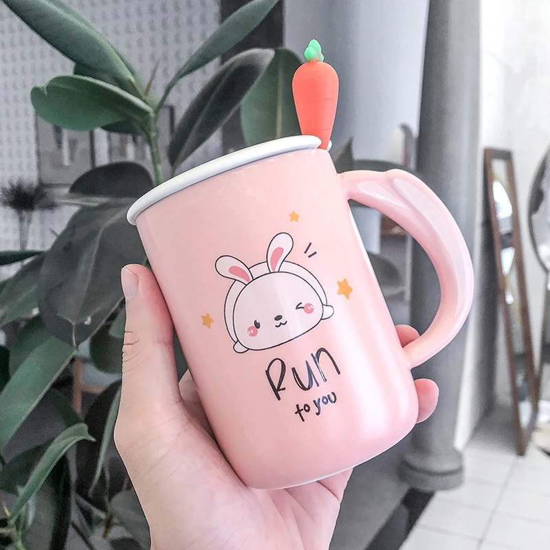 Корейский милый мультфильм кролик керамическая кружка с крышкой Ложка морковь девушка чашка для молока воды - Цвет: Run Rabbit