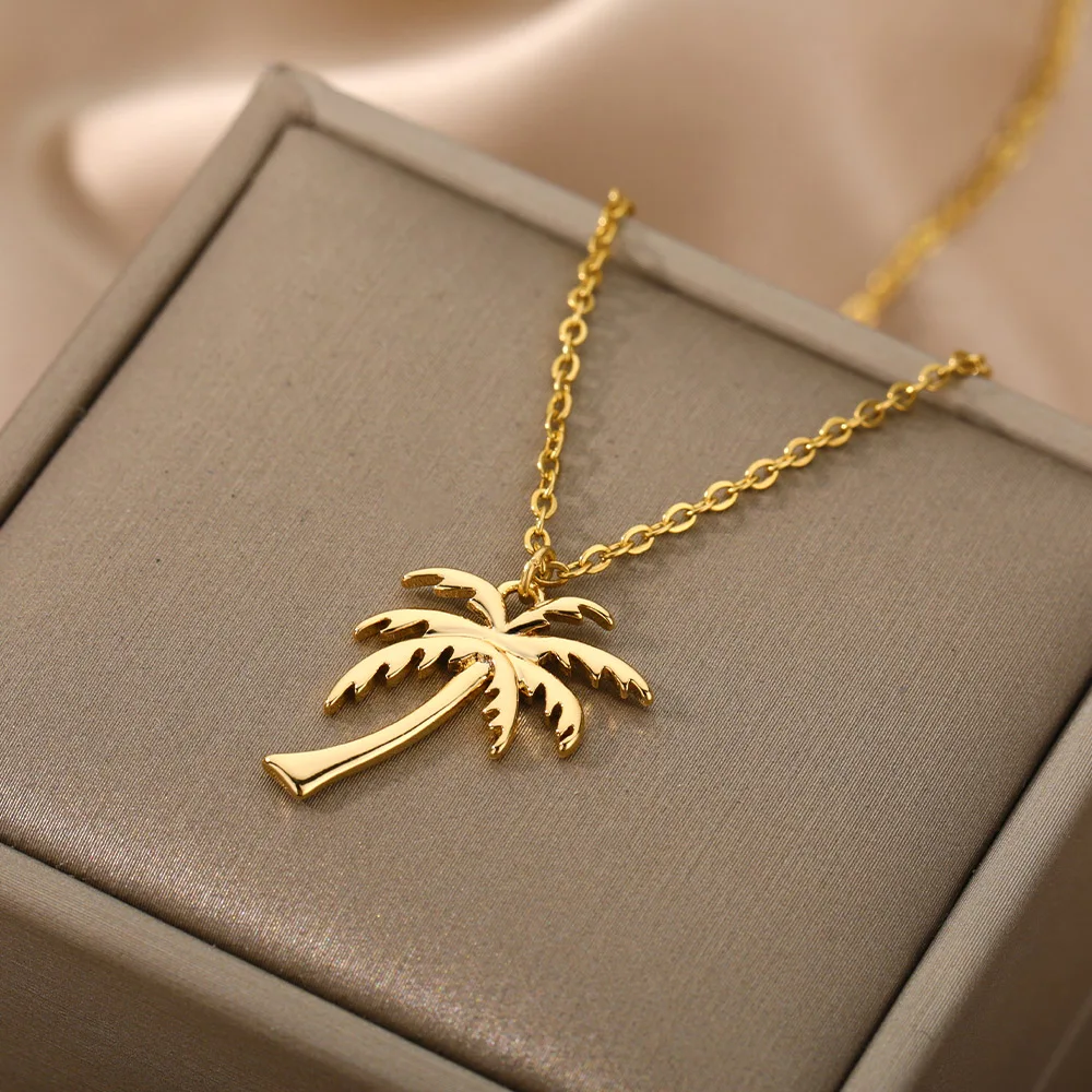 Coconut Palm Tree Necklace Stainless Steel Gold Choker Pendant