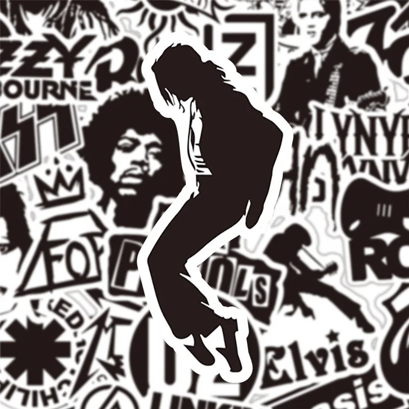 50Pcs/lot Black and White Rock Sticker Music Band Stickers to DIY Guitar Motorcycle Laptop Luggage Skateboard Snowboard