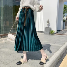 Золотая Бархатная плиссированная юбка женская новая осенне-зимняя Корейская элегантная женские длинные юбки миди юбка Saias Faldas Jupe Femmle