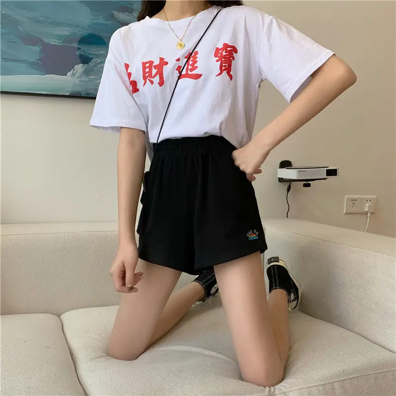 women's swim shorts Korea Ulzzang high waist loose kawaii shorts rainbow embroidery shorts casual fashion punk summer ins new hip-hop women shorts ladies clothes