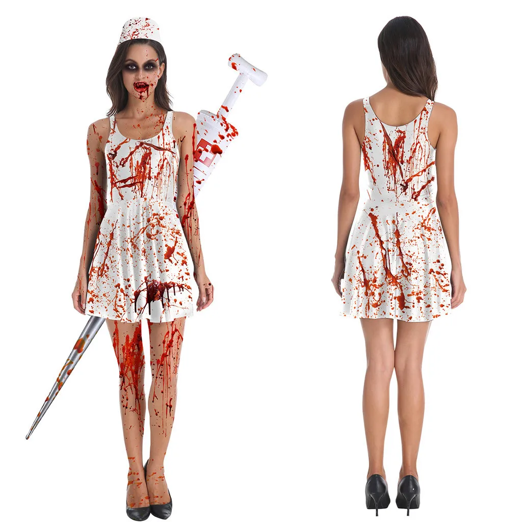 

Halloween Scary Nurse Dress Halloween Women's Sleeveless Dress O Neck Printing Vintage Gown Party Dress Robe Femme GH50