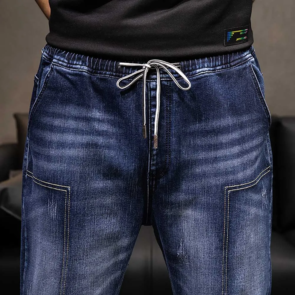 Plus Size Straight Jeans Men Casual Denim Patchwork Trousers Elastic Waist Streetwear Harem Pants Clothing