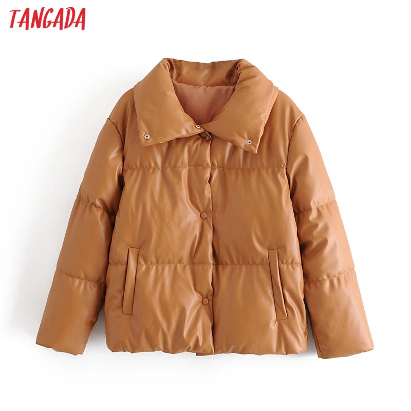 Tangada Women brown fur faux leather jacket coat oversized buttons 2020 Winter Female pu turn down collar overcoat QN30 | Женская одежда