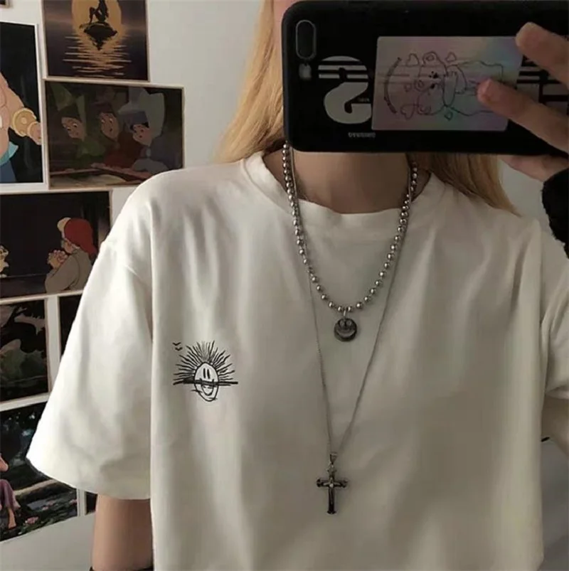

KingDeng Necklace Pendent Cross Beads Smile Ins Personalized Chain Punk Unisex Women Jewelry Men Party Layered Accessories