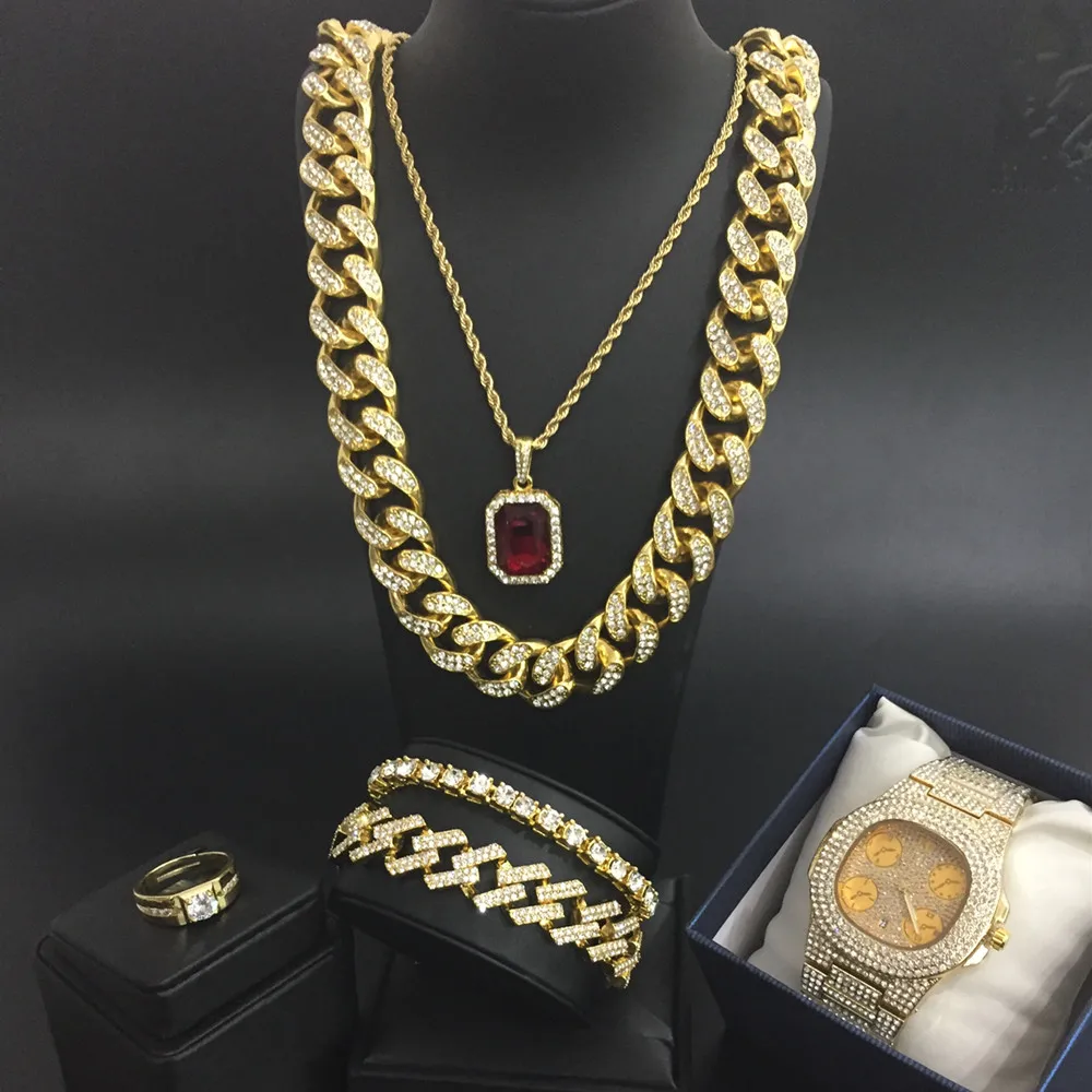 coffee Hip Hop Men necklace luxury men Watch& Necklace& Pendant& Bracelet& ring Combo Set ice out watch Hip Hop Jewelry Set For men - Окраска металла: coffee