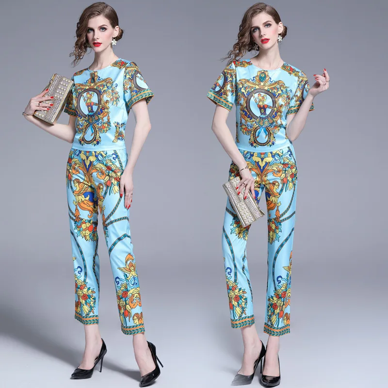 

Ozhouzhan 2019 New Style Fashion Printed WOMEN'S Suit Summer Retro Short-sleeved Top Skinny Pants Two-Piece Set Photo Shoot