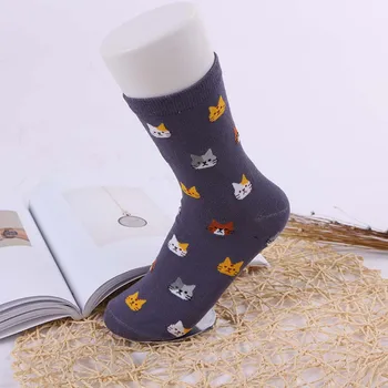 

5 Pairs Stretch Cartoon Women Socks Ladies In Tube Warm Cotton Blend Soft Cat Print Cute Animal Casual Autumn Winter Comfortable