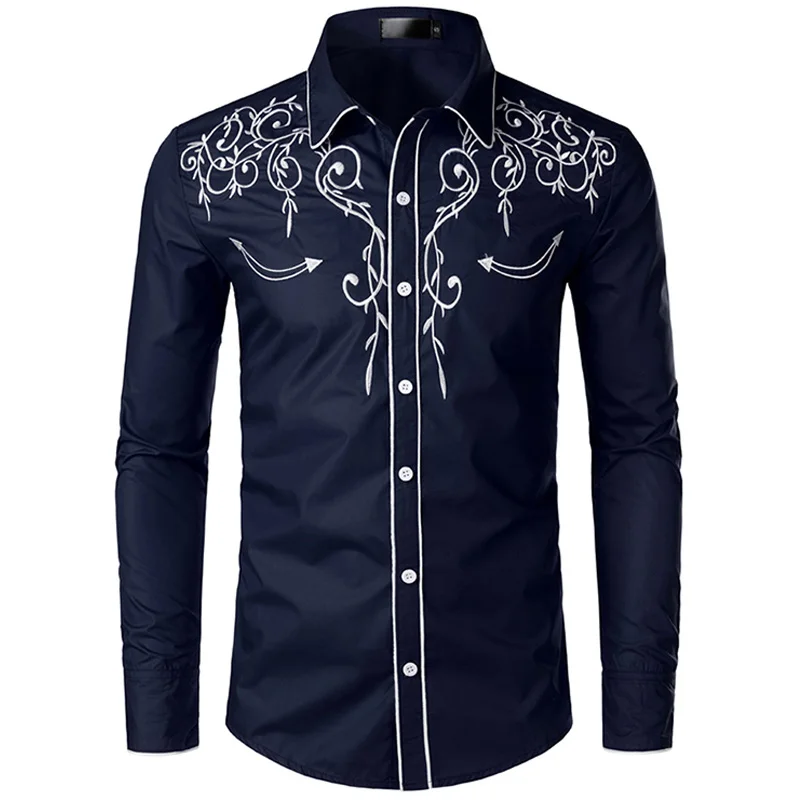 Goedkoop Stijlvolle Western Cowboy Shirt Mannen Brand Design Borduren Slim Fit Toevallige Lange Mouwen Shirts Heren Wedding Party Shirt voor Mannelijke 4